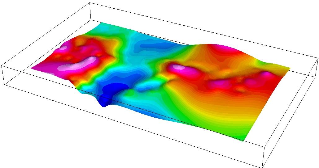 3D topographic visualization of a landscape, displaying varied elevations in vibrant colors. Useful for geological or scientific analysis.