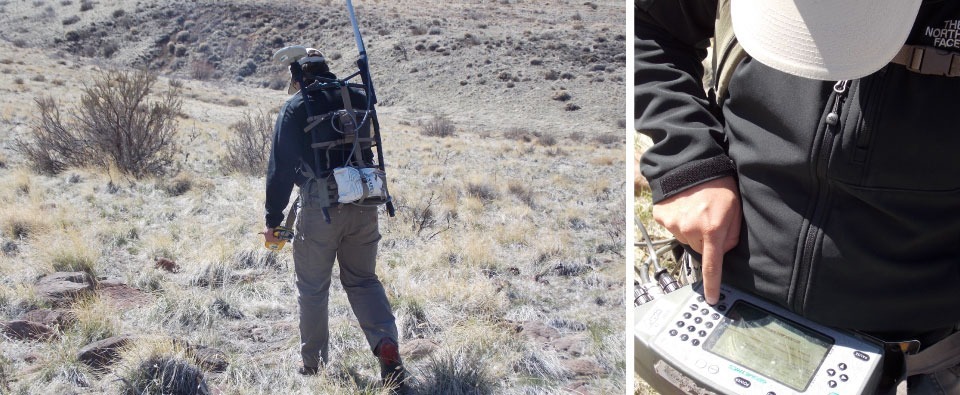 Ecologist in a remote landscape, carrying equipment for field research. A handheld device displays data, highlighting the study of local ecosystems.