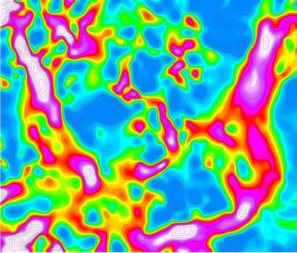 Colorful topographic visualization featuring fluid, abstract patterns in vibrant blue, pink, green, and yellow, illustrating data gradients and variations.